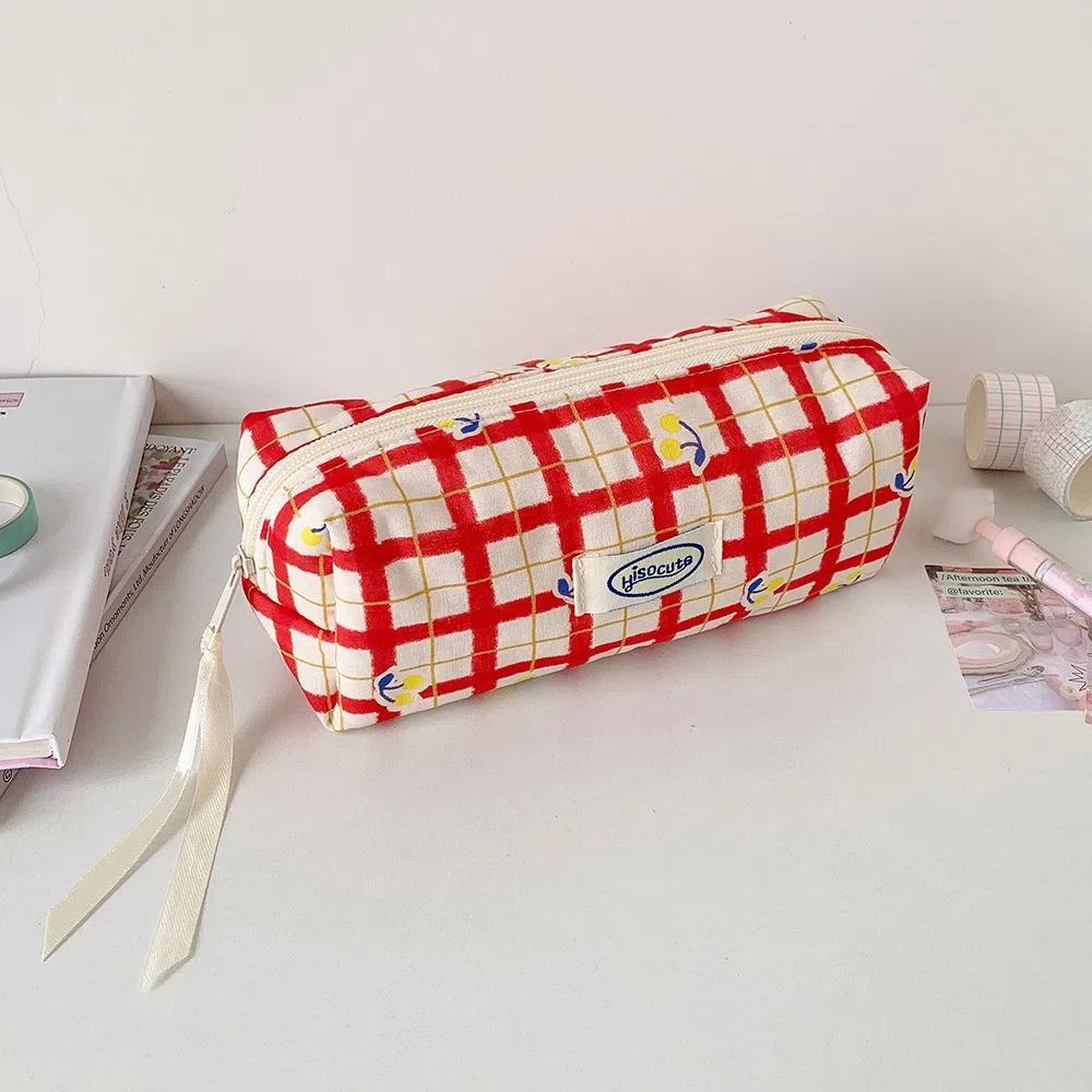Large Capacity Y2K Cherry Pencil Case Checkered Cartoon Cherry Makeup Bag Korean Pencil Bag Gifts
