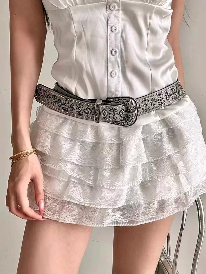 Silver Vintage Belt with Western Carved Metal Rivet Buckle Design