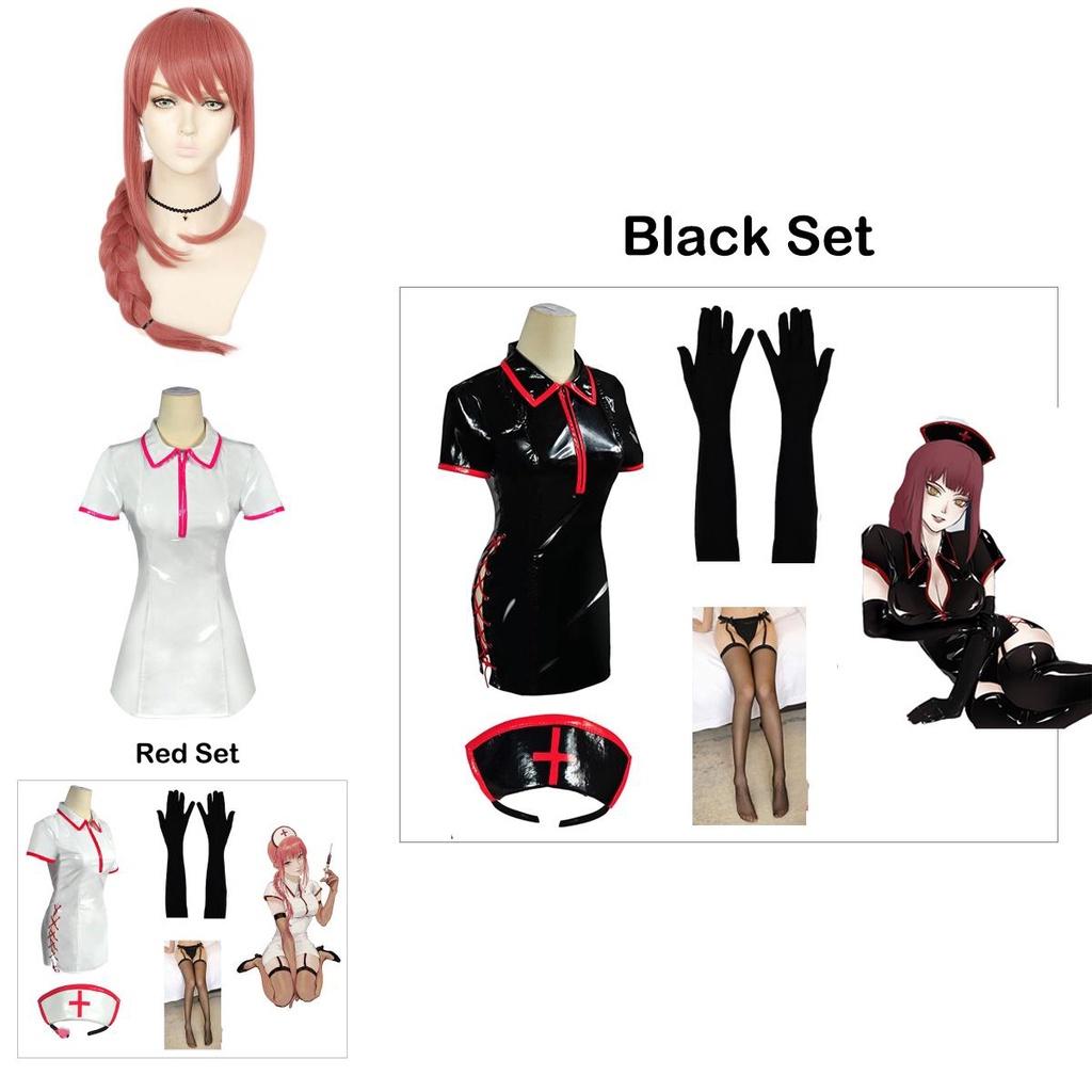 Человек-бензопила Макима Костюм медсестры для косплея Костюм из ПУ Парик для Хэллоуина Карнавала