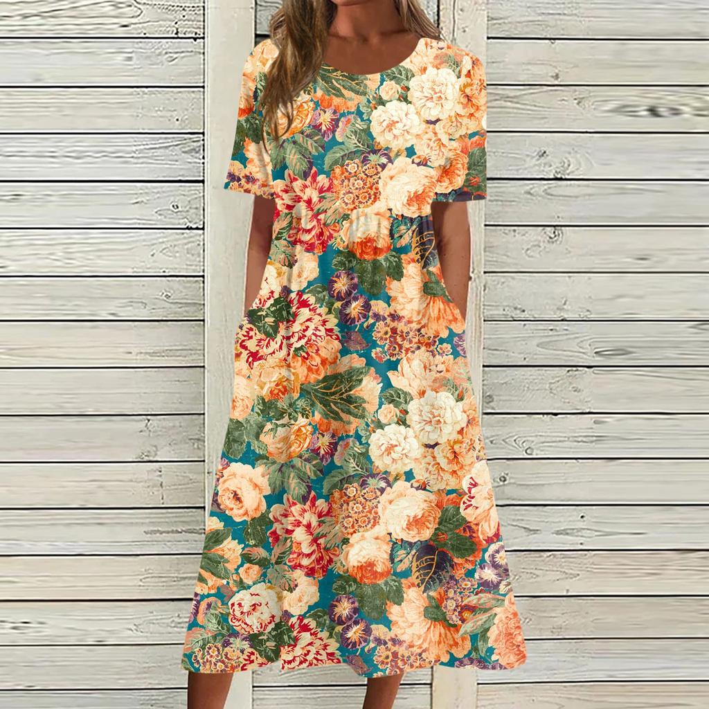 Women's Casual Dresses Printed Dresses Summer Dresses Printed Pleated Round Neck Midi Dresses Basic Classic Outdoor Daily Short Sleeve Loose Dresses