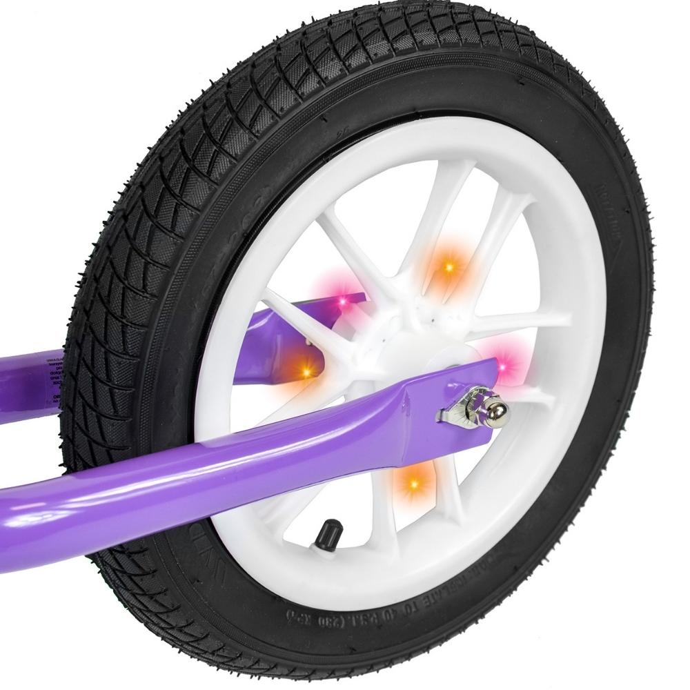 Purple balance bike with 12 wheels and LED lights, steel frame for girls