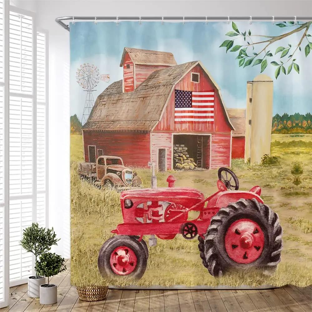 Rustic Shower Curtain Old Wooden Barn with Rusted Tractor Hillside Wooden Fence and Trees Cloth Fabric Bathroom Decor with Hooks