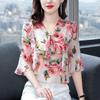 Asian Size Pink Ruffle Bow Tie Collar Tops Vintage Flower Print Blouse Women Summer Shirt Female Short-sleeve Blouses