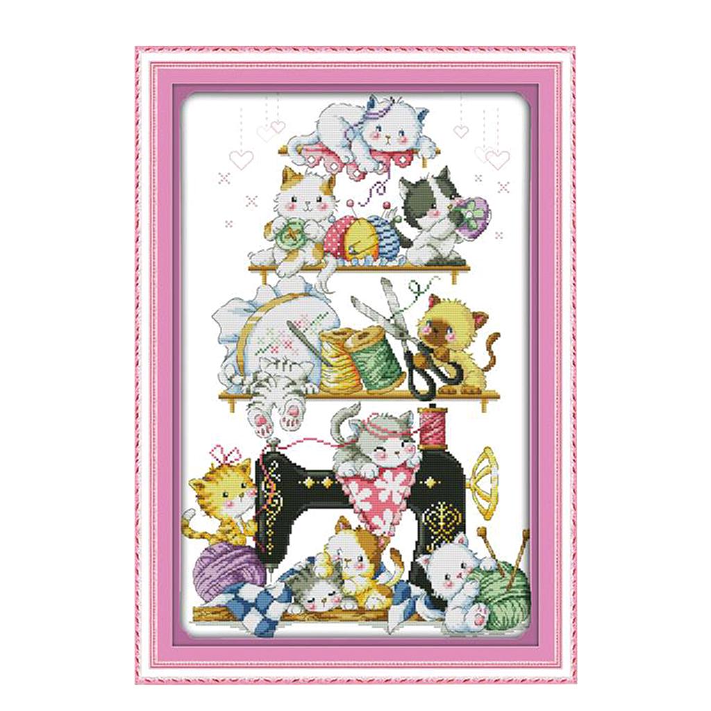 Funny Cats On Sewing Machine Cross Stitch Kit for Kids Adults 45 X 66cm 11CT