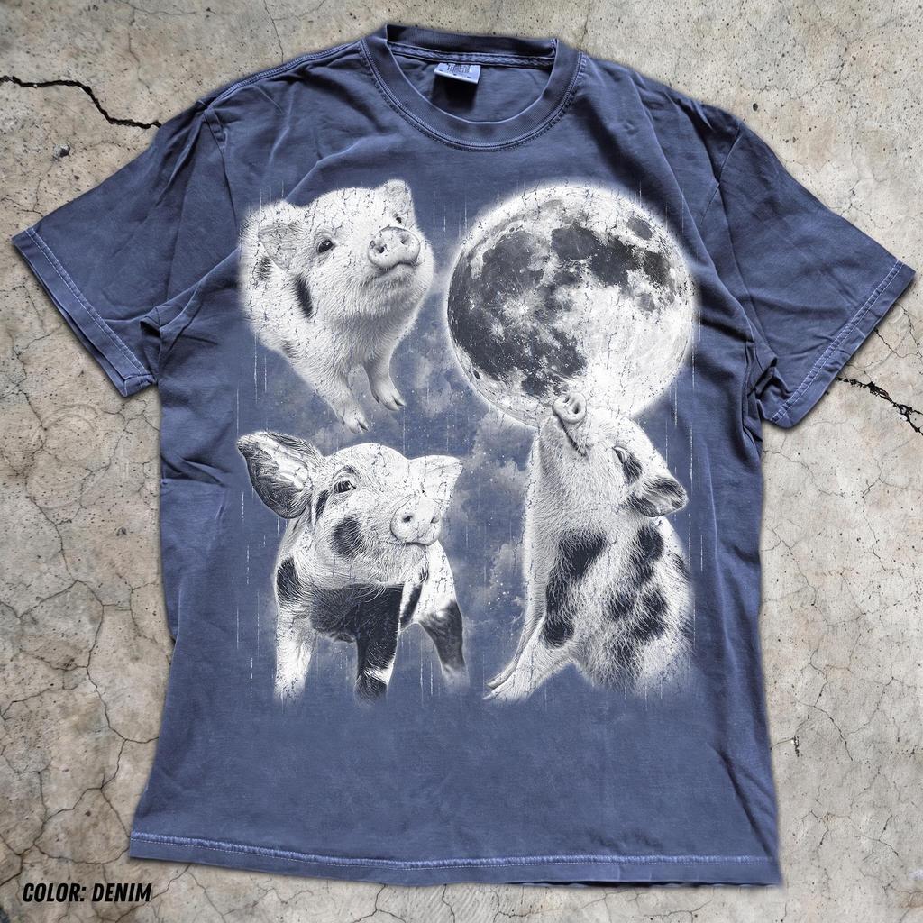 Three Piglets Moon Shirt, Spotted Pig Farm Animal Tee (Denim)