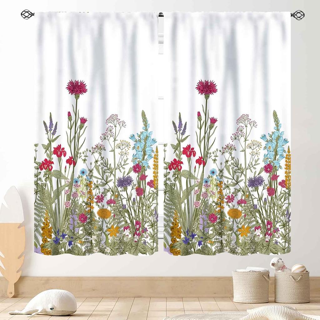 Wild Floral Kitchen Curtains, Rustic Green Leaf Colorful Plant Spring Flower Blossom Botanical Nature Vintage Small Short Window