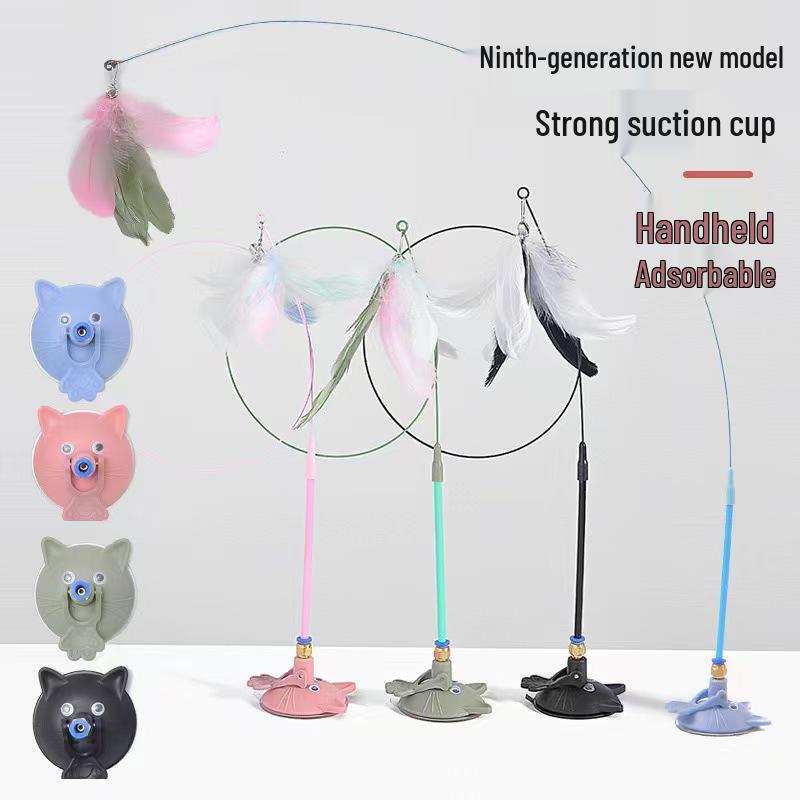 Cat Wand Teaser with Strong Suction Cup, Colorful Feathers, Steel Wire, Long Rod, Durable Design, and Bell for Self-Play