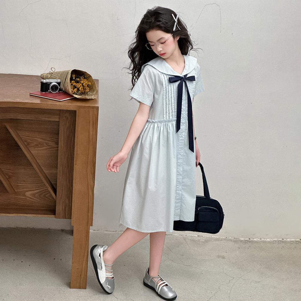 Girls' Korean version college style summer dress, new summer children's stylish navy collar bow dress