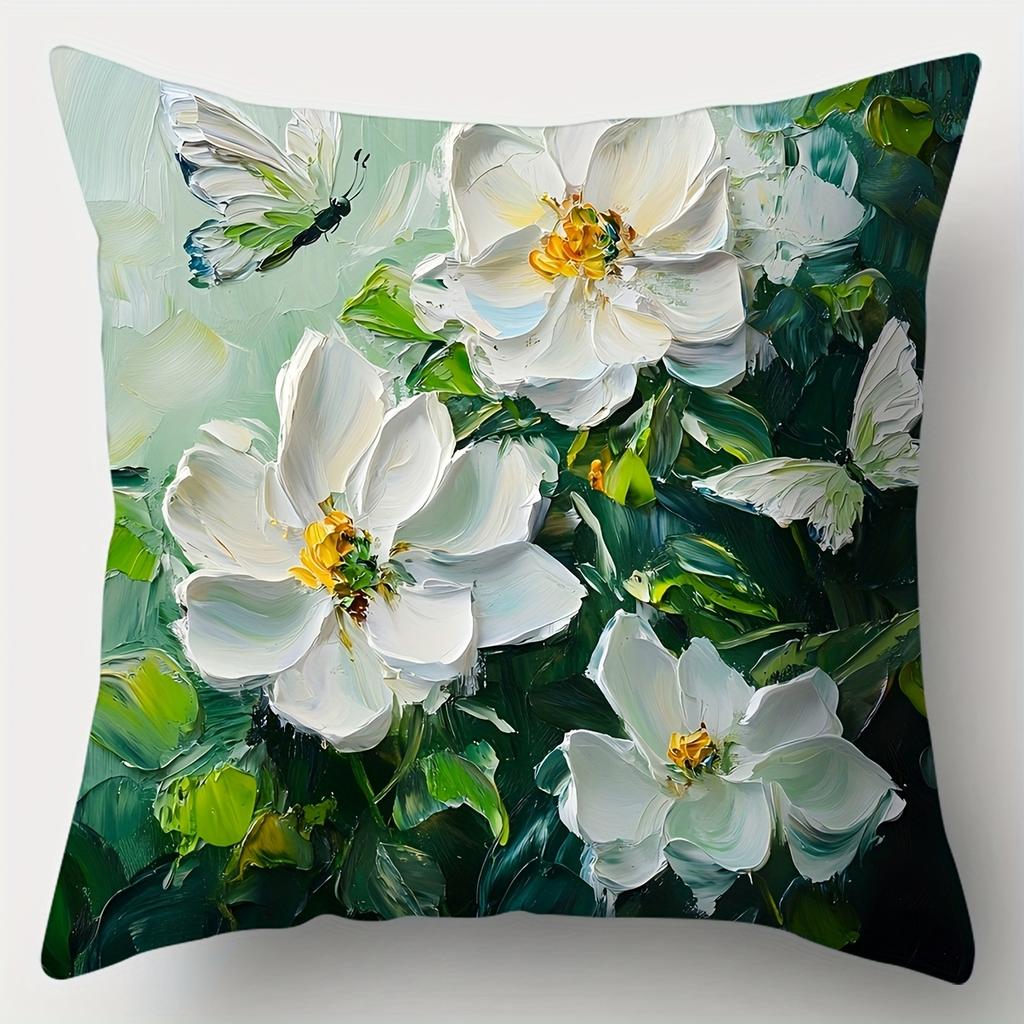 4Pcs Set, Sofa Pillow Case, Green Fresh Flower Pillow Case, 17.7 Inches * 17.7 Inches, Single-Sided Print, Home Decoration, Sofa