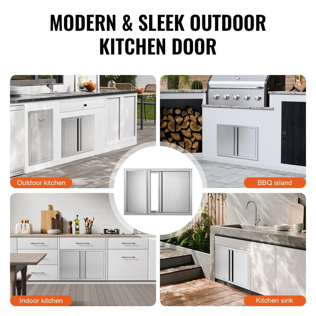 BBQ Access Door, 710x482 mm Double Outdoor Kitchen Door, Stainless Steel Flush Mount Door, Wall Vertical Door with Recessed Handles , for BBQ Island,
