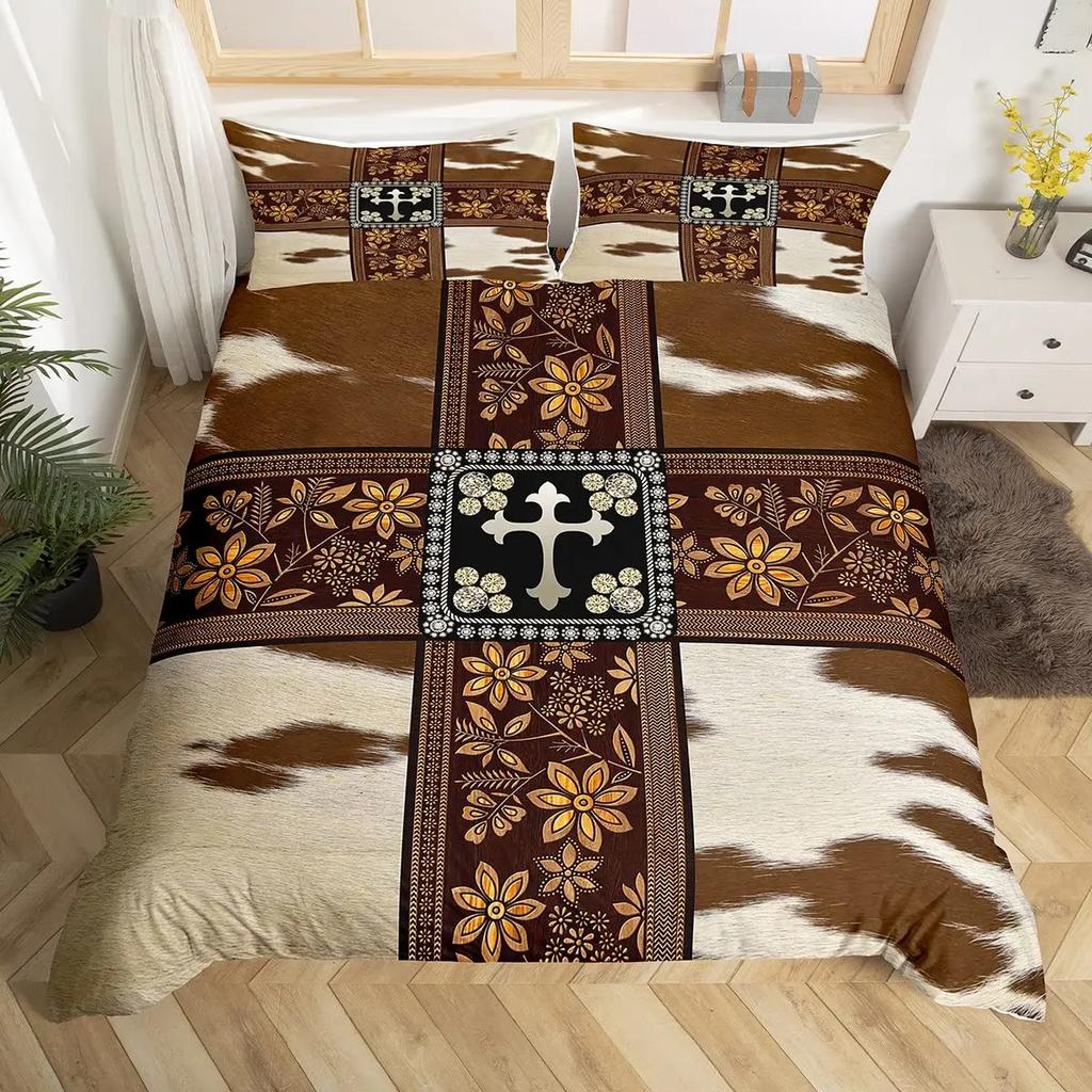 Пододеяльник с коровьим принтом Queen Vintage Floral Комплект постельного белья для девочек, мальчиков, мужчин, в стиле вестерн, фермерское животное, бычья шкура, одеяло