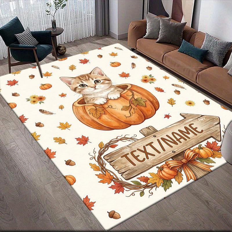 Custom Name,Autumn Pumpkin Animal Home Sofa Decoration for Living Room & Bedroom, Non‑Slip Play Flannel Floor Mat for Game Room