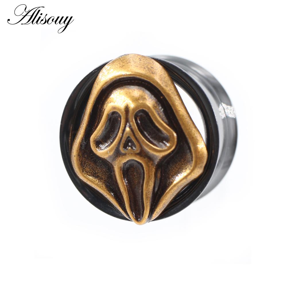 Alisouy 2PCS Нержавеющая сталь Полая маска призрака Расклешенные ушные туннели Заглушки Расширители Растяжители Измерители Серьги Пирсинг Украшения для тела