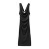 2025 Spring Sleeveless Slim Fit Midi Dress with Draped Collar and Back Tie Detail - European & American Style Women's Fashion