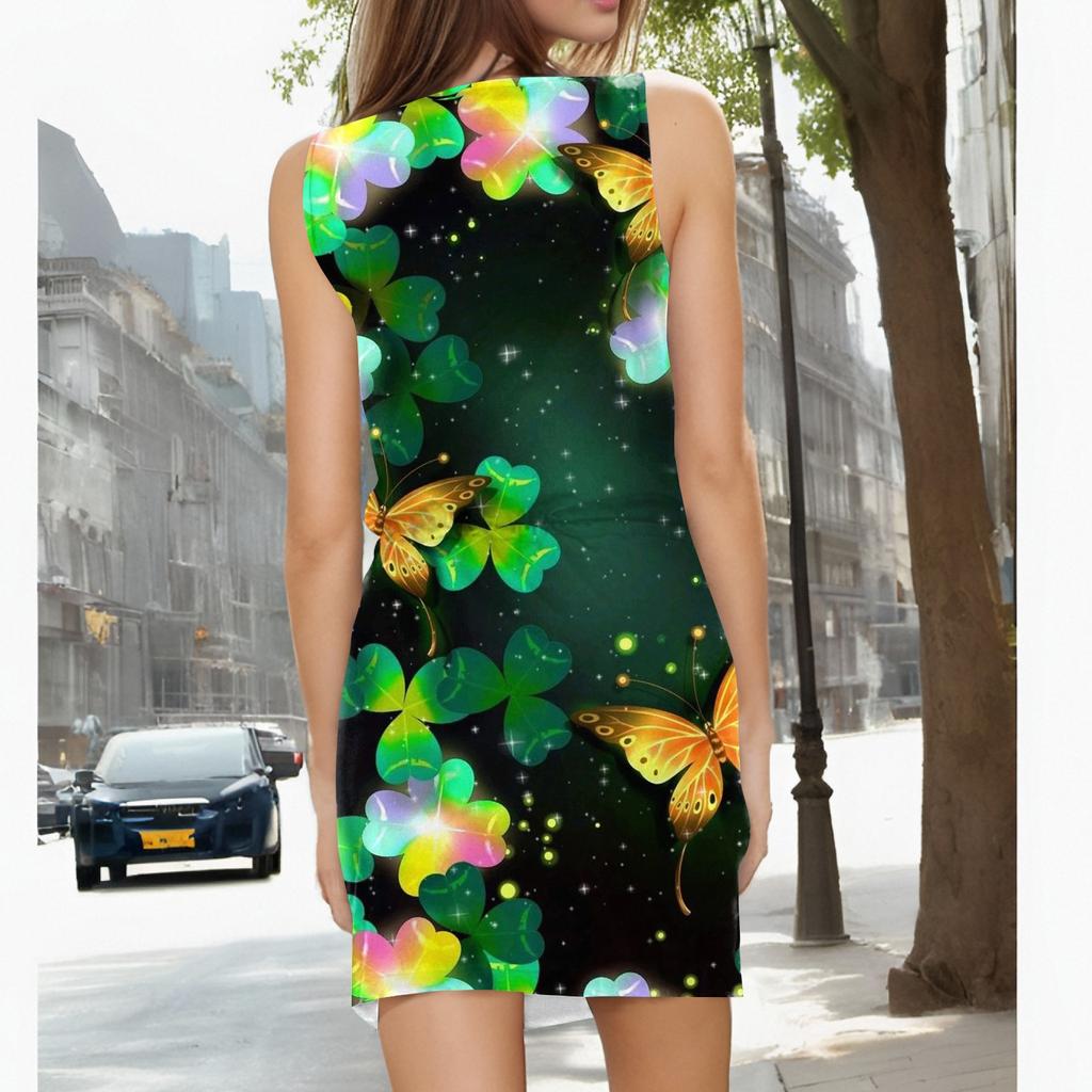 Women's Fashion Casual Printed Sleeveless Drawstring Dress With Pockets