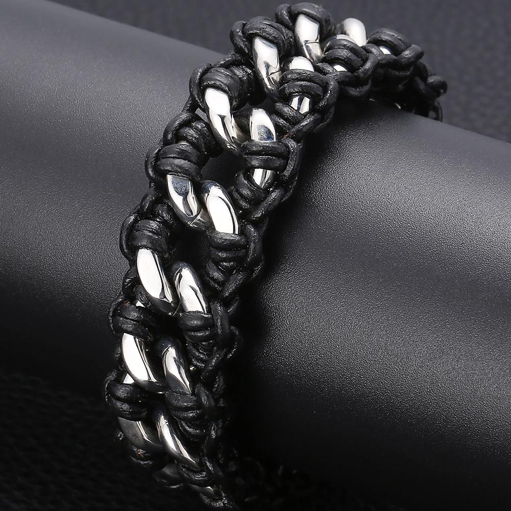 Цепочка из полированной нержавеющей стали с панцирными звеньями, мужской плетеный кожаный браслет, комбинация для подарков на день рождения, памятные подарки с гравировкой