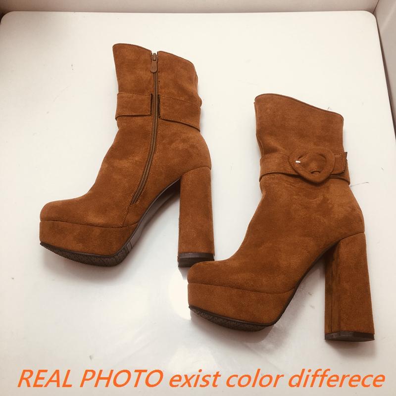 Женские ботильоны из флока и замши с круглым носком, на блочном высоком каблуке, на платформе, на каблуке-рюмочке, с пряжкой, больших размеров 43 44 Bota