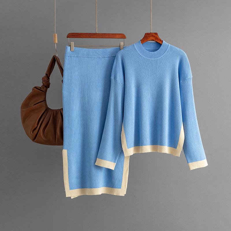 Осенний теплый трикотажный комплект из 2 предметов, женский свитер с длинным рукавом и круглым вырезом + юбка с эластичной резинкой на талии, зимние повседневные комплекты с цветными блоками