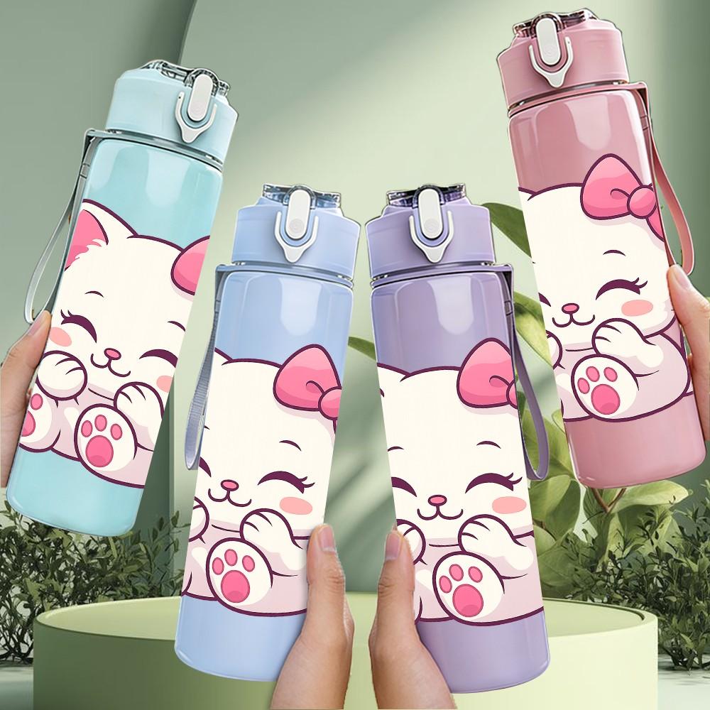1PC Pink Kitty Cat Cute Cartoon Print 750ml Color Plastic Sports Water Bottle Leakproof Flip Straw Lid Suitable for Sports Office Home Use