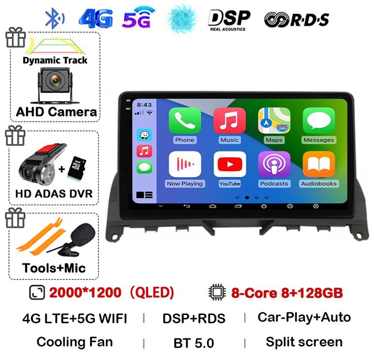 Android 14 Carplay Auto For Mercedes Benz C Class 3 W204 S204 2006-2011 Car Radio Autoradio Stereo Multimedia Player WIFI+4G DSP