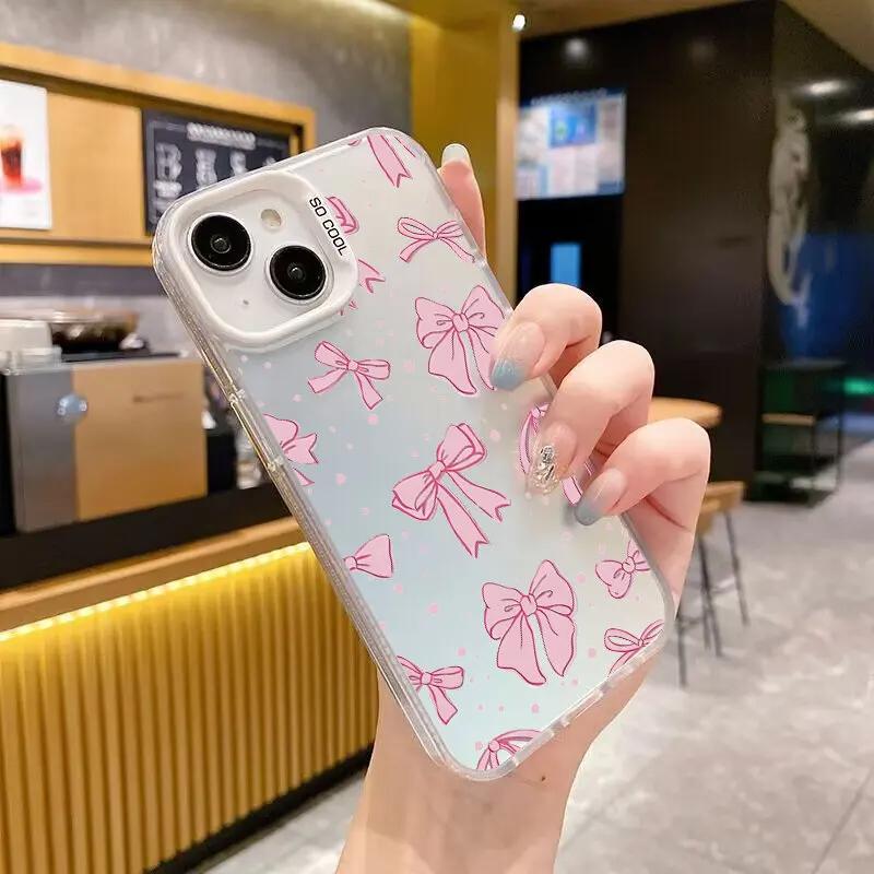 Милый Стильный Розово-Черный Бантик Матовый Чехол для iPhone 17 Air 16 E 15 14 Plus 13 12 Mini 11 Pro Max Акриловая Жесткая Силиконовая Крышка