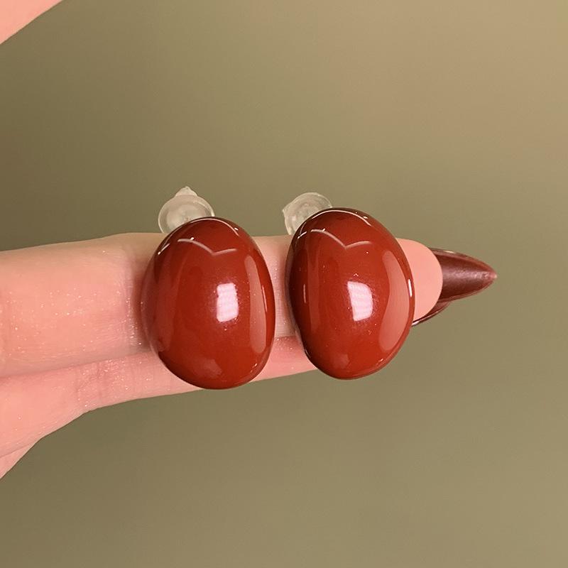 Ankara Red Stud Earrings: Silver Needle Drip Oil, Simple and Versatile Fashion for Women.