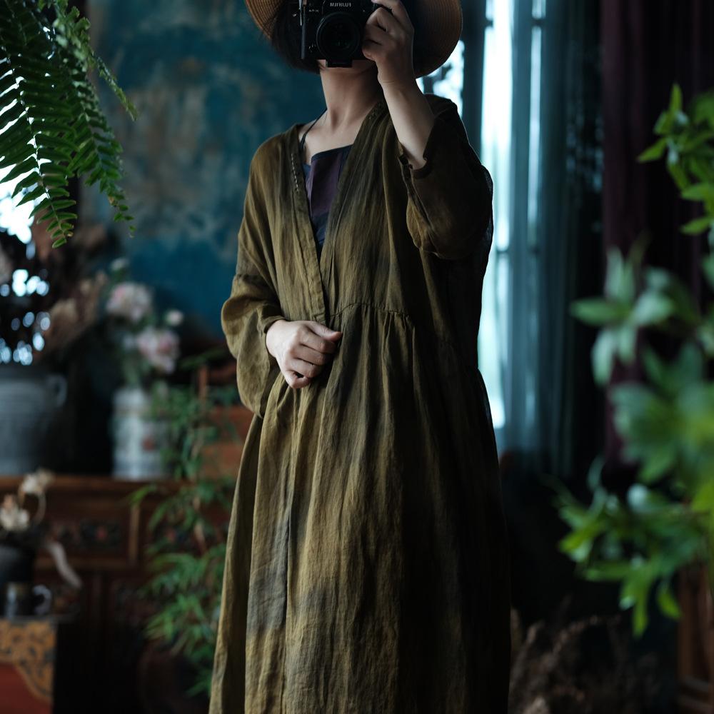 Johnature Women Vintage Trench Solid Color Long Sleeve Autumn Coats V-Neck Chinese Style Cardigan Trench