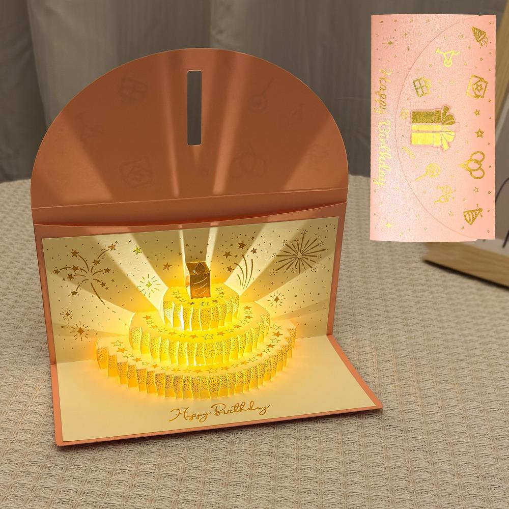 3D Pop-Up Красный Конверт-Открытка на День Рождения Может Вместить 1-20 Банкнот Складная Музыкальная Открытка со Светом Золотая Обложка с Золотым Тиснением