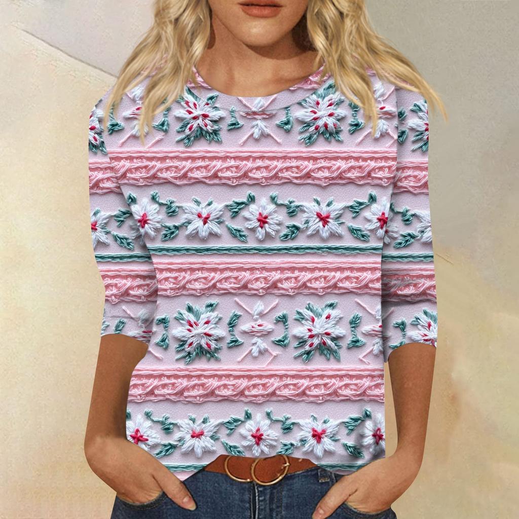 Women's Fashion Casual Round Neck 3/4 Sleeve Loose  Printed T-Shirt Ladies Top