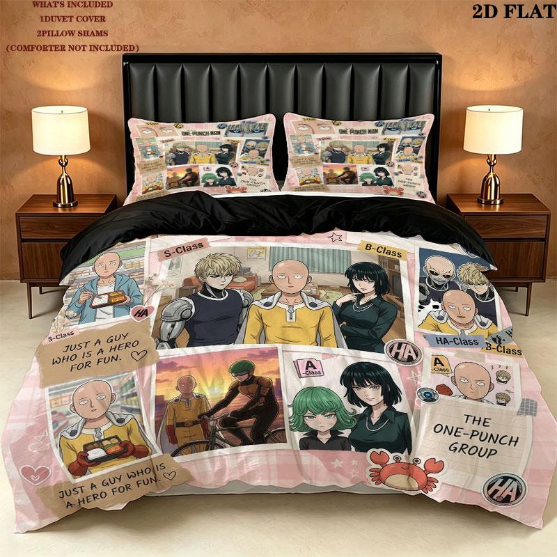 Onepunch Man Pattern Bedding Quilt Set Quilt Cover Pillowcase Home Birthday Gift(1 * duvet cover + 2 * pillowcase, without core)