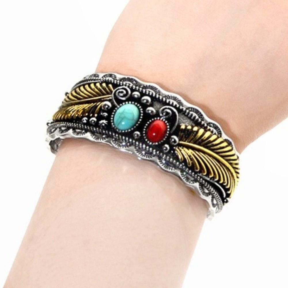 Vintage Turquoises Feather Bracelet Wide Turquoises Feather Cuff Bangles Men