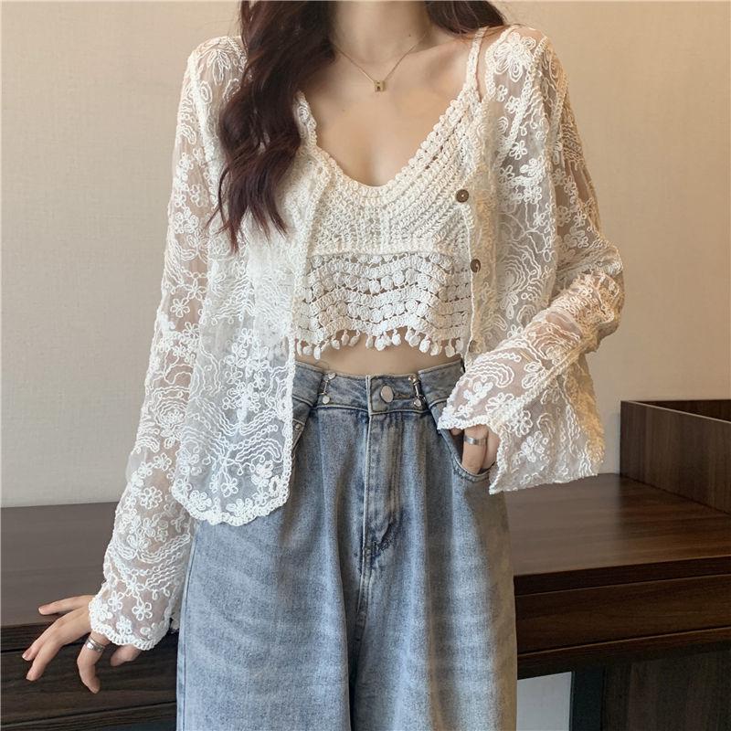 Spring Summer Women's Suit Suspender Vest + V-neck Crochet Openwork Lace Long Sleeve Cardigan Sun Protection Clothing Two-piece Suit