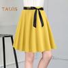 Women Skirt High Waist Lace-up Waist Skater Skirt Patchwork Color Stage Performance Pleated Ruffled Trim Skirt