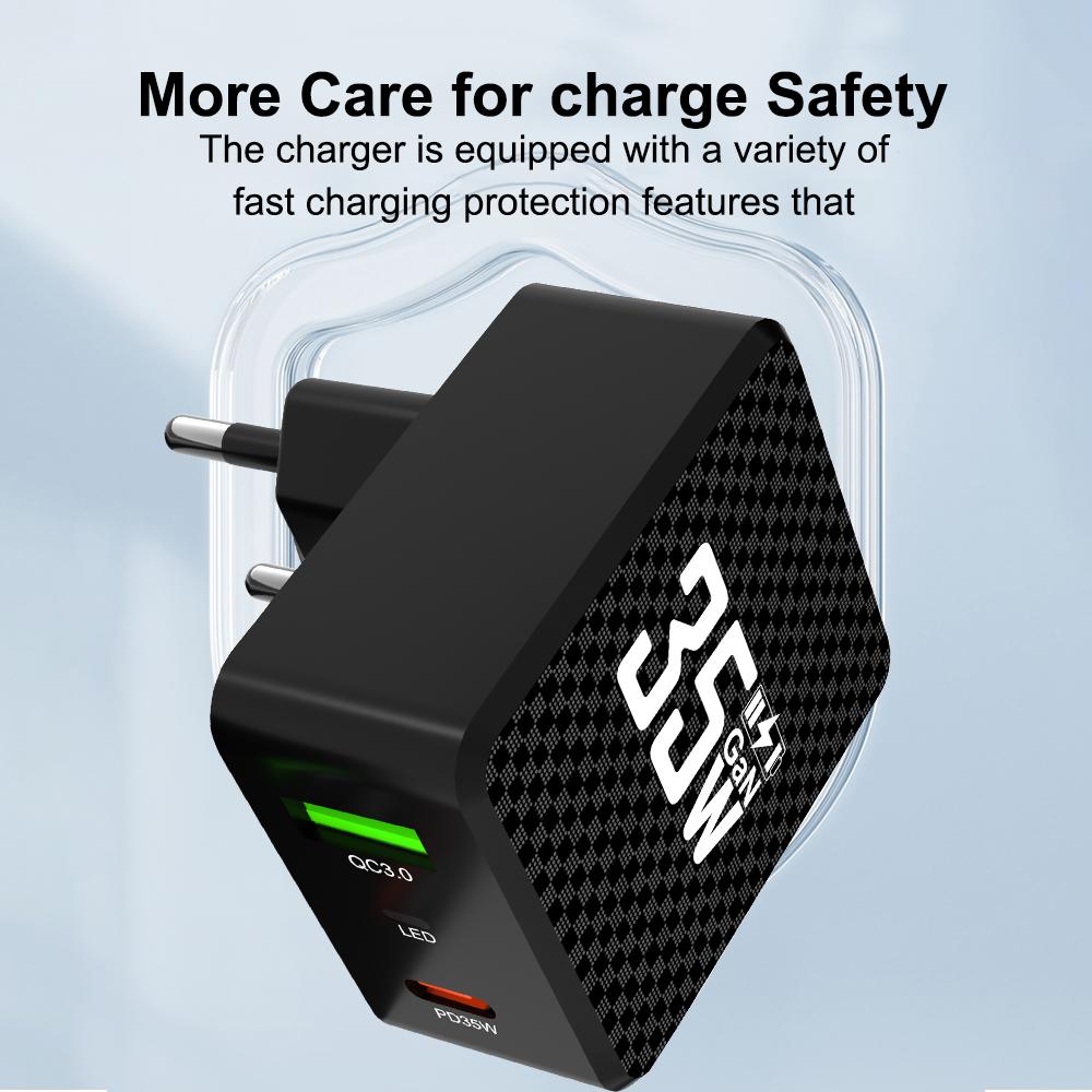 2 Ports Mini 35W GaN USB Type C Charger QC3.0 Portable Fast Charging For 14 Pro 13 Samsung KR/EU/US/UK Plug