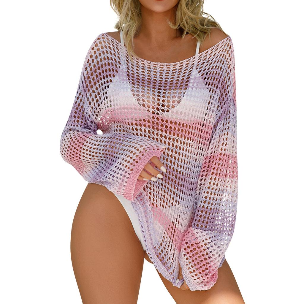 Women's Sexy Fashion Comfortable Hollow Mesh Long-sleeved Bikini Beach Knitted Sun Top