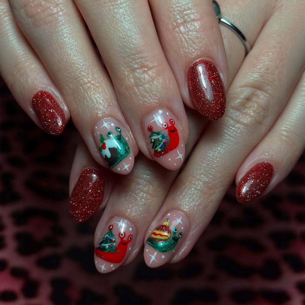 Christmas Burgundy Glitter Wear Nails Almond Nails Cute And Fun Christmas Snail Manicure Wear Nails