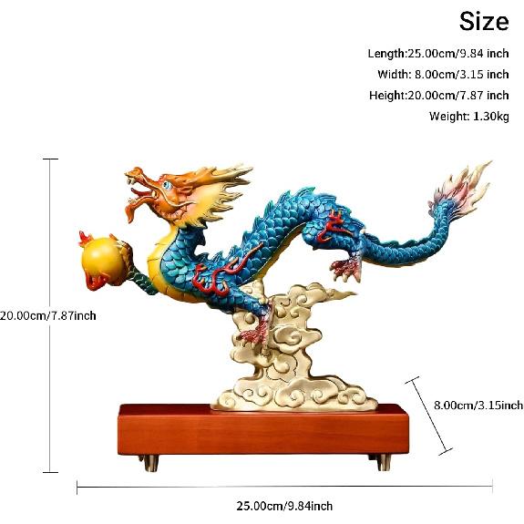 Aris & Juno Hand-Painted Copper Flying Dragon Playing with Pearl Sculpture, Traditional Chinese Dragon Blessing Statue, Feng Shui Office Desk Home