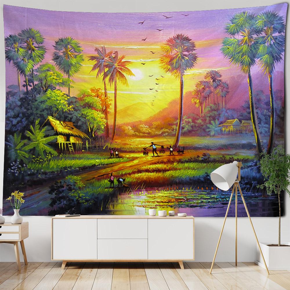 Ретро Пейзаж Картина Маслом Гобелен Настенный Фэнтези Домашнее Художественное Украшение Фэнтези Kawaii Фон Для Комнаты Тканевое Одеяло