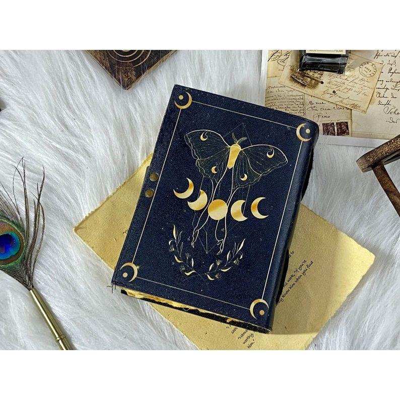 Blank Spell Book of Shadows Handmade Vintage Leather Journal Junk Journal Luma Moth Journal Spell Book Leather Gifts for Men and Women