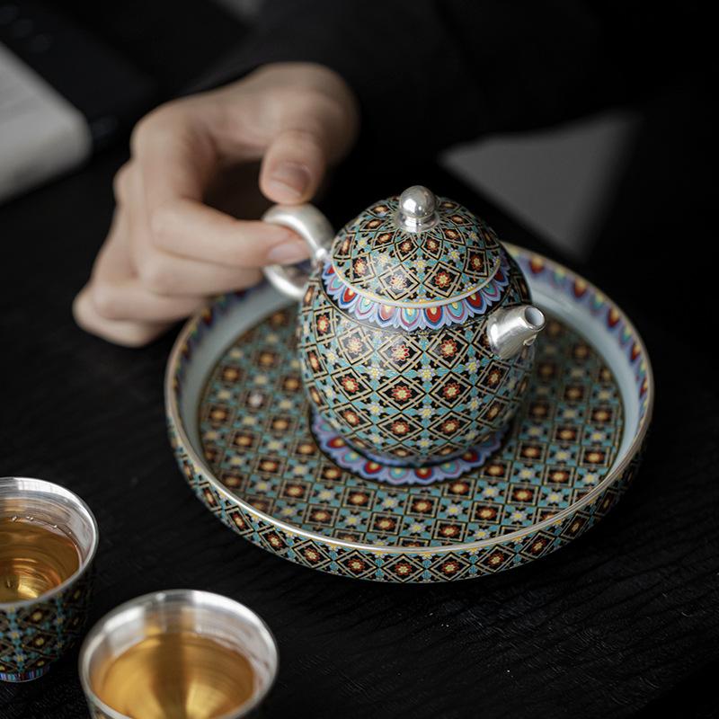 Дуньхуанская керамическая чайная церемония Серебряная позолоченная набор для кунг-фу Древний стиль Домашнее заваривание Фиолетовая глиняная чаша Подарок для любителей чая