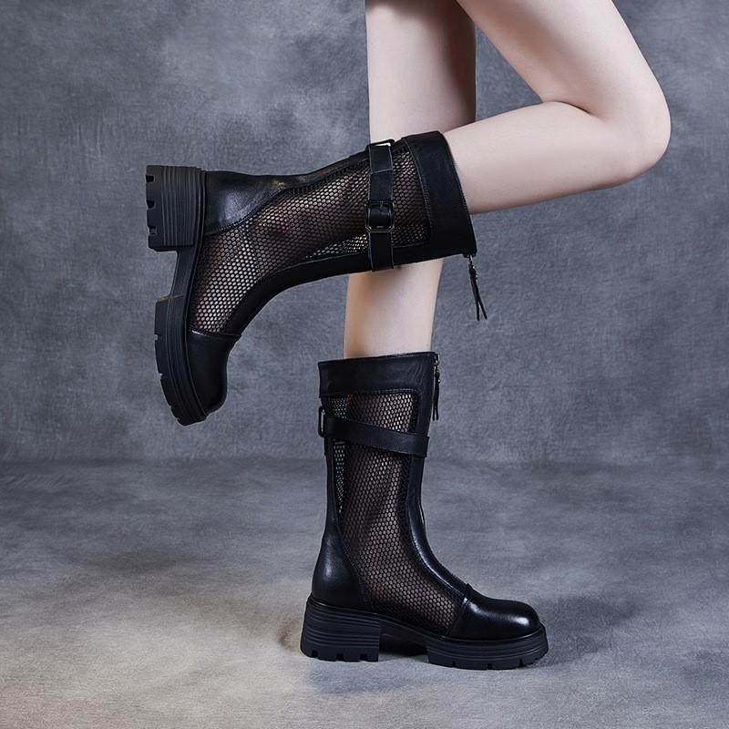 Johnature Летние ботинки из натуральной кожи с сетчатой вставкой, дышащие, универсальные сандалии на толстом каблуке