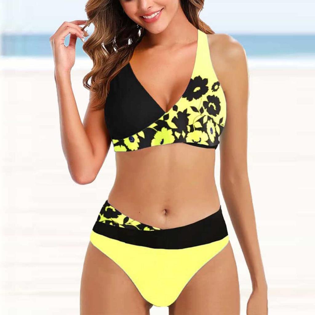 Women's Fashion Split High Waist Printed Bikini With Bra Pads And No Steel Bra Swimsuit