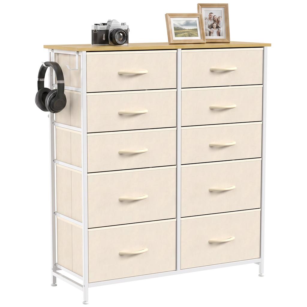 Chest of Drawers, Dresser with 10 Fabric Drawers, Tall Storage Unit with 4 Pockets and 2 Hooks Steel Frame, Beige