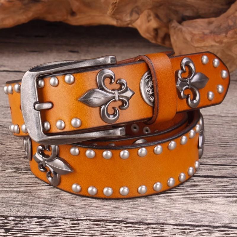 Высококачественный ковбойский ремень с металлическими заклепками, из натуральной кожи с зернистостью, мужской ремень из коровьей кожи, ремни для джинсов в стиле панк с заклепками для мужчин