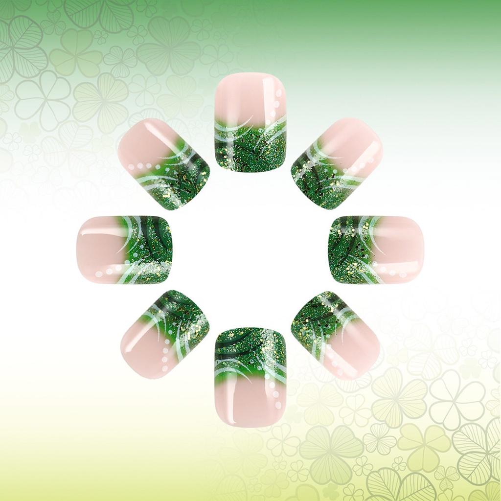 24 Pcs French Tip Press On Nail Short False Nail Shamrocks Stick On Nail Saint Patricks Day Acrylic Nail for Woman