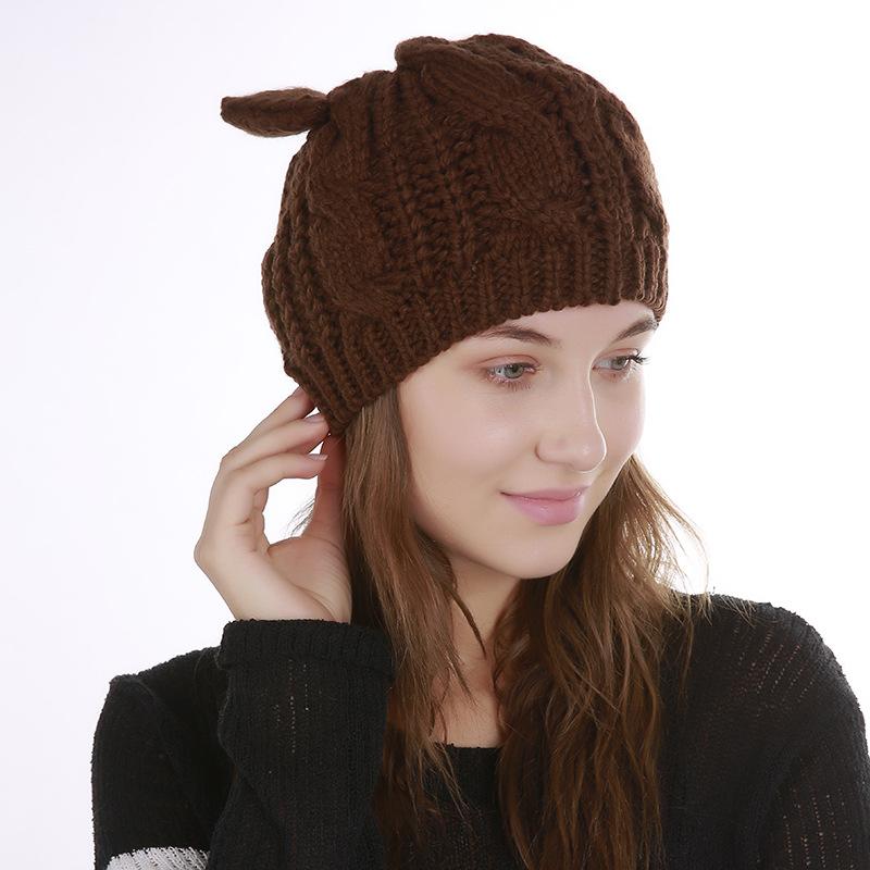 Autumn Winter Knitted Warm Women's Jacquard Fried Dough Twist Cat Ears Cute Wool Single Layer Hat