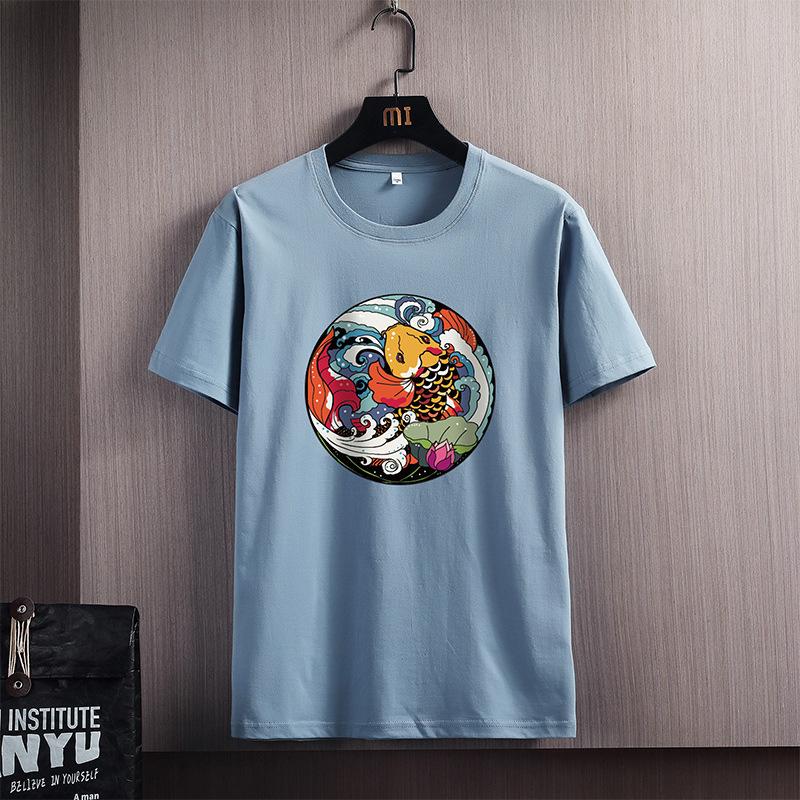 Мужская летняя свободная хлопковая рубашка с короткими рукавами и круглым вырезом 