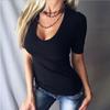 Solid-colored Slim-fitting Top with Deep V-neck Sexy Simple and Fashionable Women's T-shirts