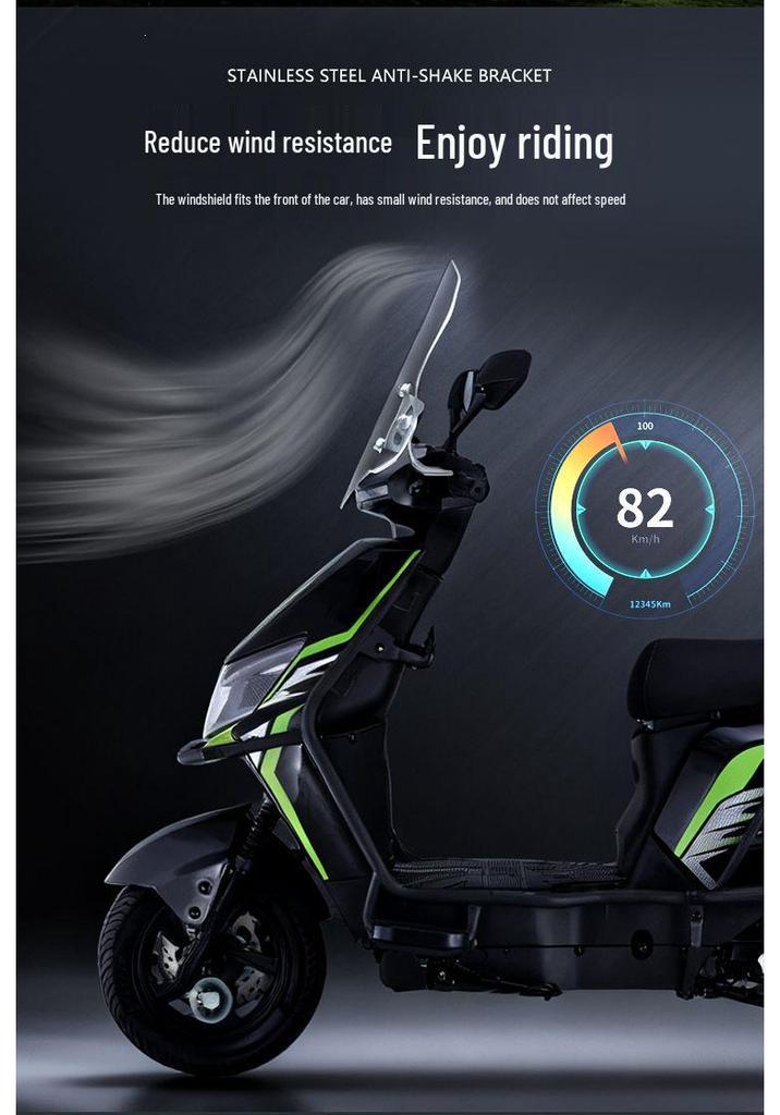 Black Knight Electric Vehicle Front Windshield Modification: Heightened Transparent Wind Deflector with Chest Protection.