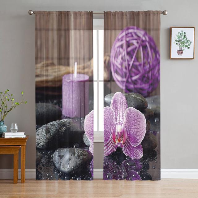 Zen Stones Orchids Flower Green Bamboo Tulle Curtains For Living Room Bedroom Decor Transparent Sheer Voile Window Curtain